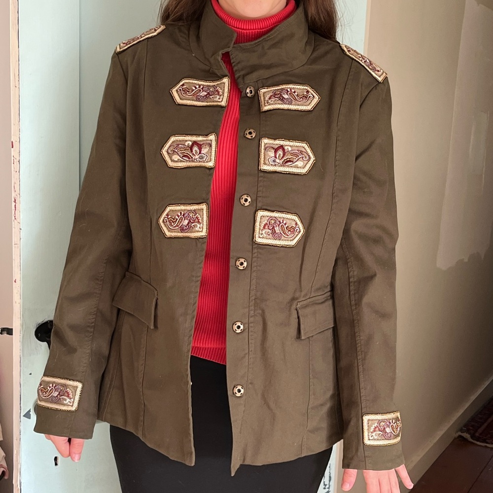 Chico's Brown Utility Jacket with Embroidered Details
